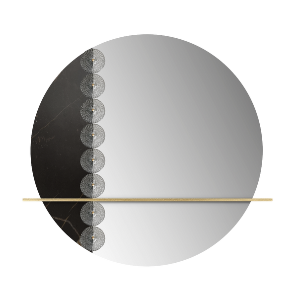 Round mirror with black and gold decorative elements on a white background