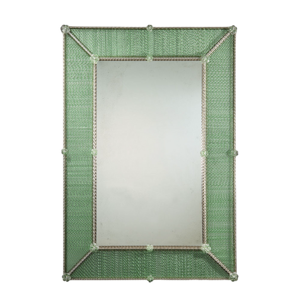 Rectangular Murano decorative mirror with a green woven frame on a white background from Ongaro & Fuga available at Spacio in India