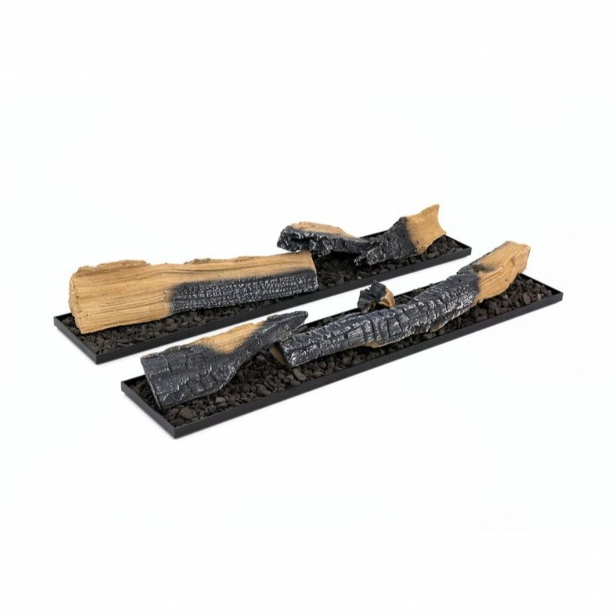 Set of decorative logs on a black stand against a white background for Planika artificial water vapour fireplace collection. 