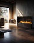 Modern living room with a free standing artificial water vapour fireplace and large windows overlooking trees