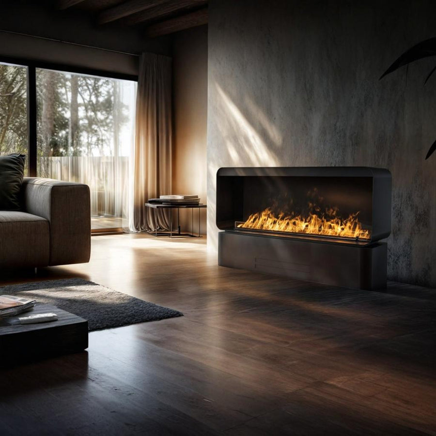 Modern living room with a free standing artificial water vapour fireplace and large windows overlooking trees
