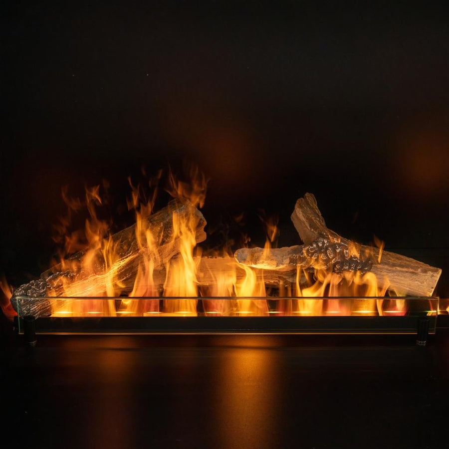 Fireplace with artificial water vapour flames and glass panes on a dark background