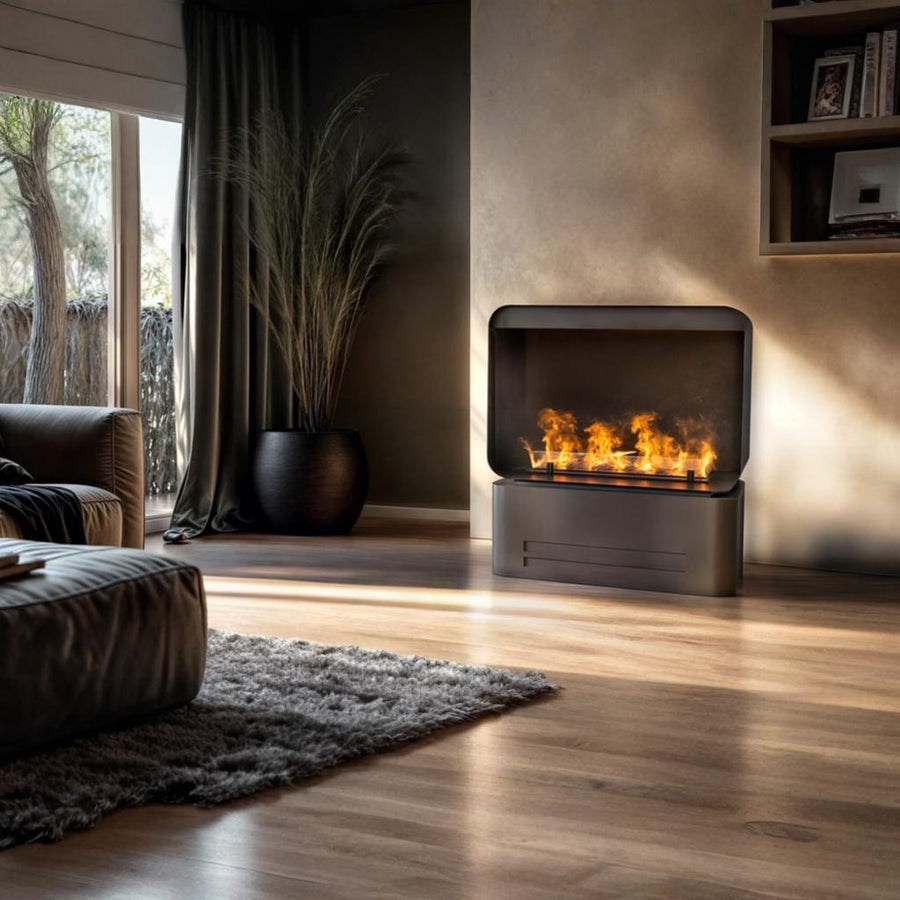 Modern living room with a free standing water vapour insert fireplace, sofa, and large window.