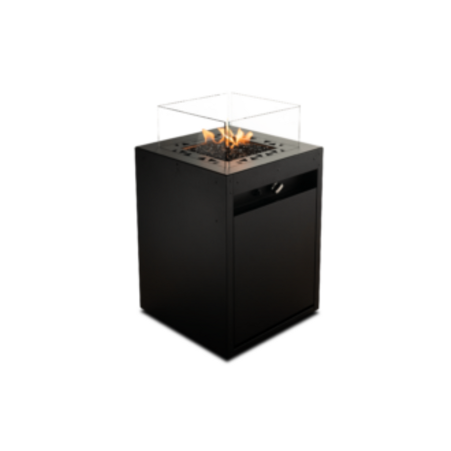 A black square portable Gas fireplace from Planika available at Spacio retail stores in Mumbai & Kolkata. 