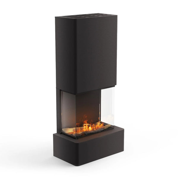 Modern free standing black artificial water vapour electric fireplace with glass front on a white background by Planika available at Spacio retail stores in India. 
