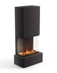 Modern free standing black artificial water vapour electric fireplace with glass front on a white background by Planika available at Spacio retail stores in India. 