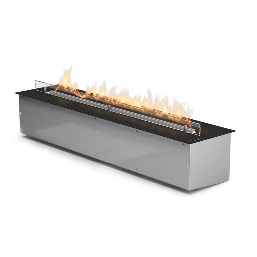 A sleek stainless steel Planika Bioethanol Fireplace Automatic 3 (FLA3) fire pit with flames on it, featuring the innovative BEV Technology.