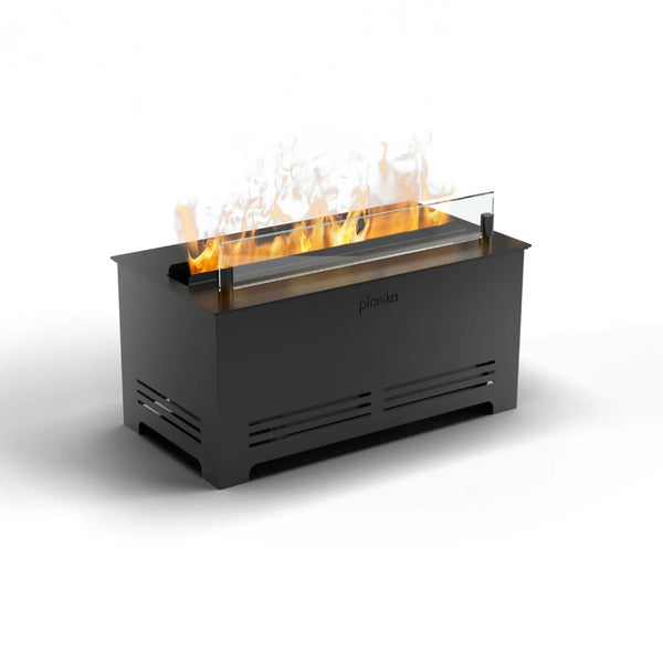 Black water vapour fireplace with artificial flames on a white background by Planika available at Spacio retail stores in India. 