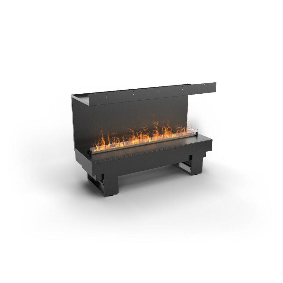 Modern artificial water vapour fireplace with 3 sides open on a white background available at Spacio retail stores in India. 