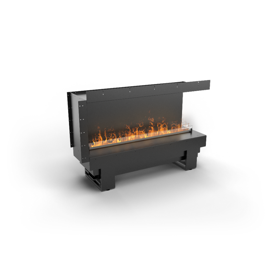 Modern artificial water vapour fireplace with right side open casing on a white background available at Spacio retail stores in India.