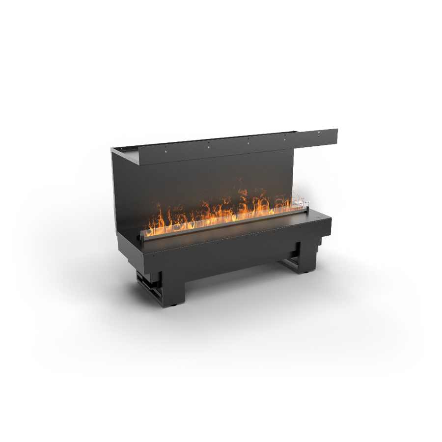 Modern artificial water vapour fireplace with 3 side open casing on a white background available at Spacio retail stores in India.