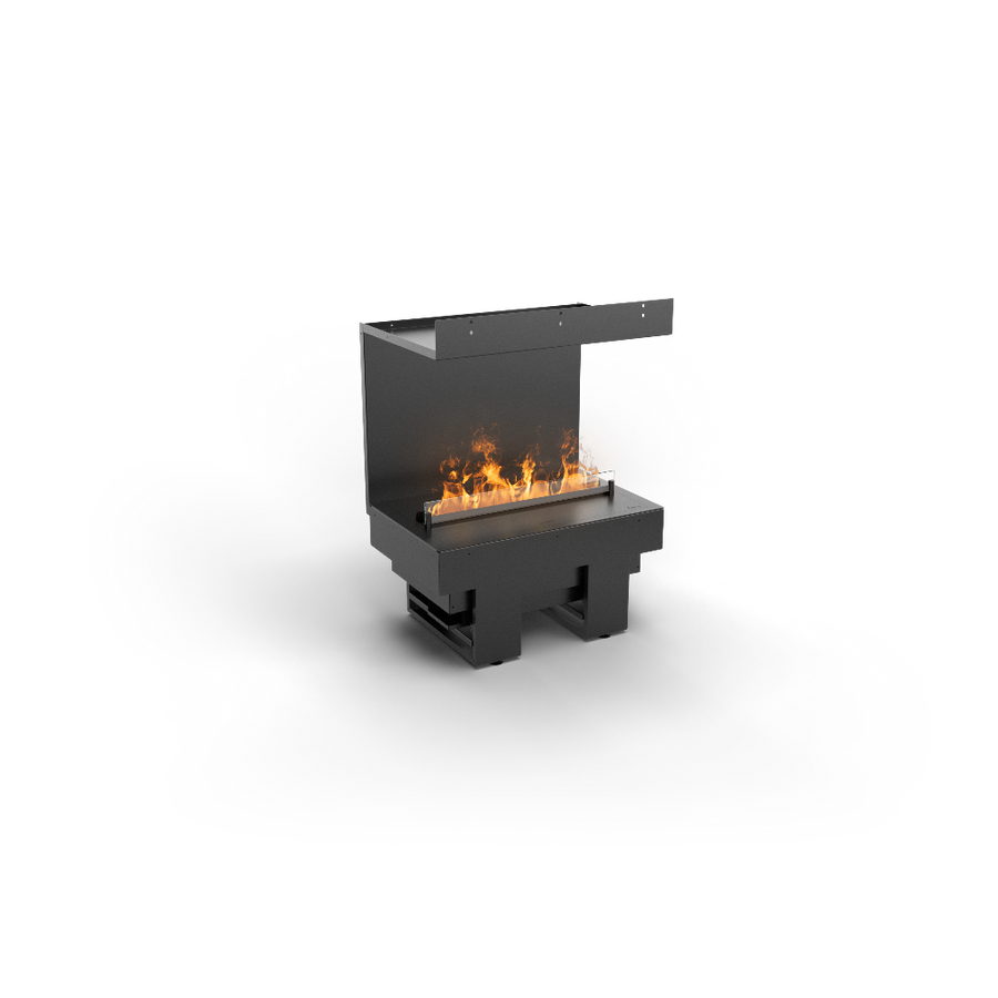 Modern artificial water vapour fireplace with 3 side open casing on a white background available at Spacio retail stores in India.