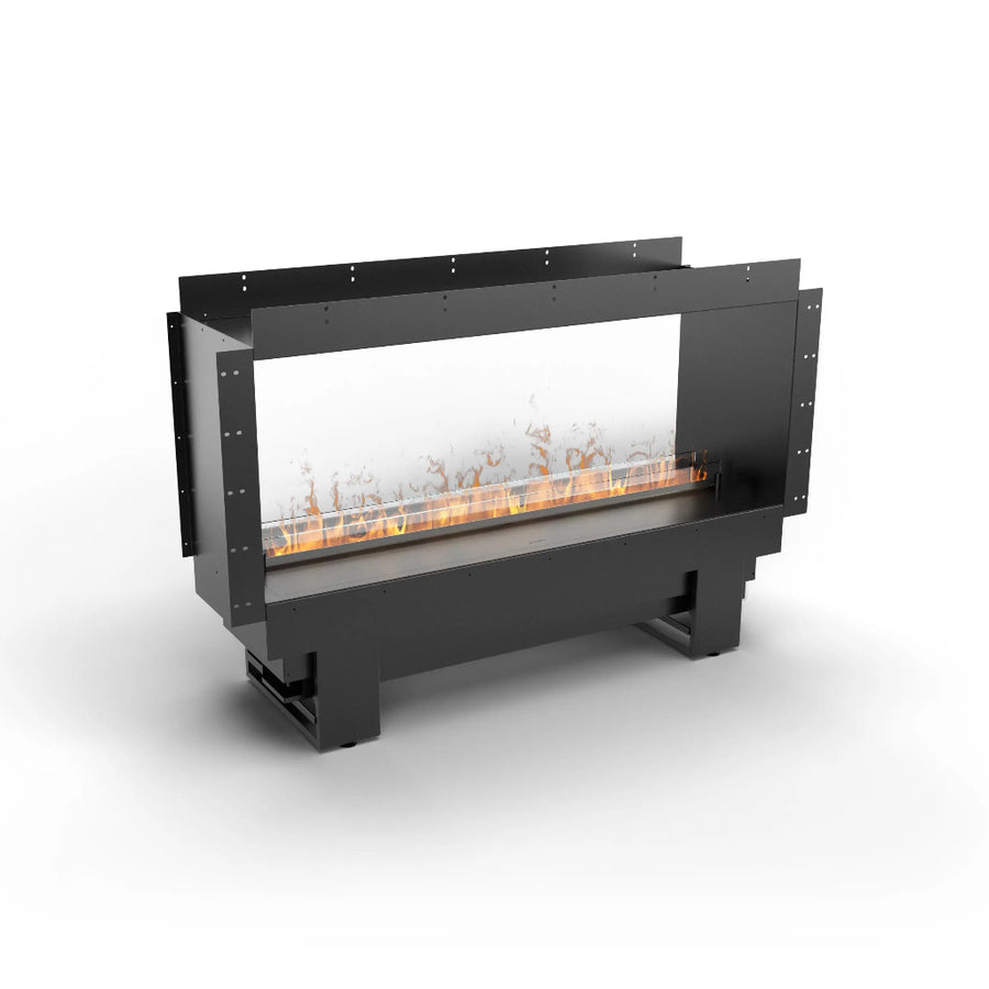Modern artificial water vapour fireplace with see through casing on a white background available at Spacio retail stores in India.