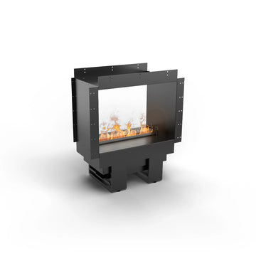 Modern artificial water vapour fireplace with see through casing on a white background available at Spacio retail stores in India.