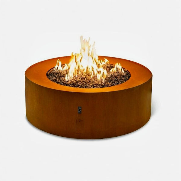Galio Corten Round gas outdoor  fireplace with flames on a white background from Planika, available at Spacio retail stores in Mumbai & Kolkata. 