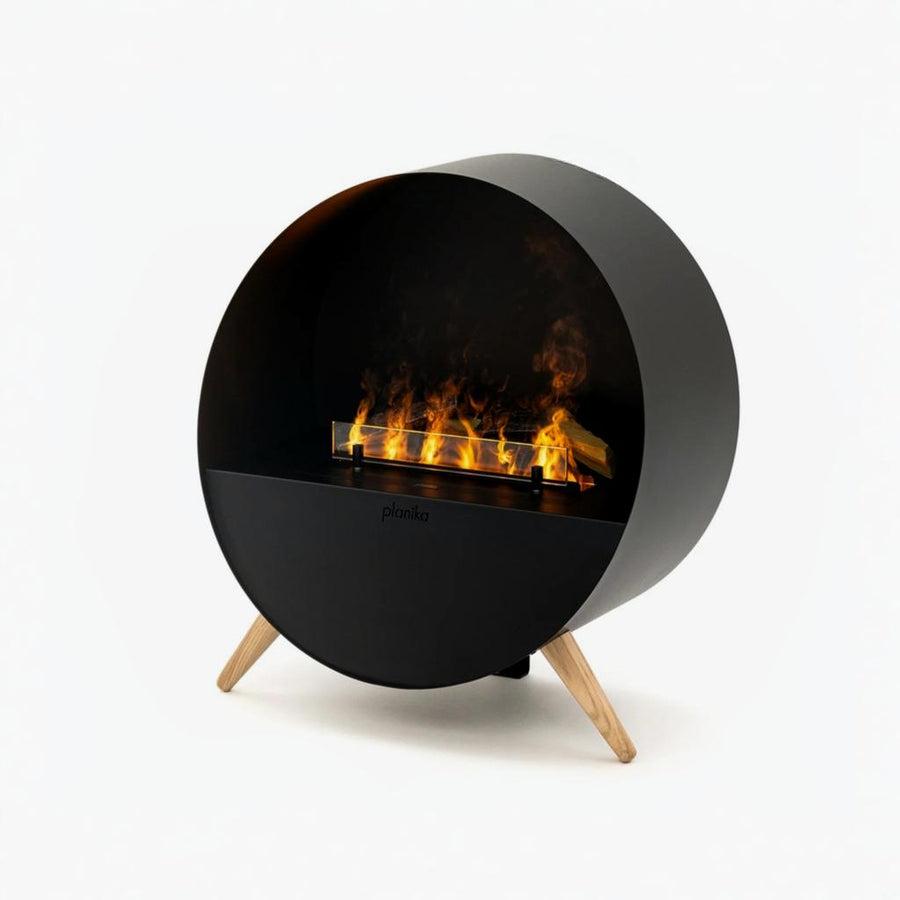Modern water vapour black artificial fireplace with wooden legs on a white background available at Spacio retail stores in India. 