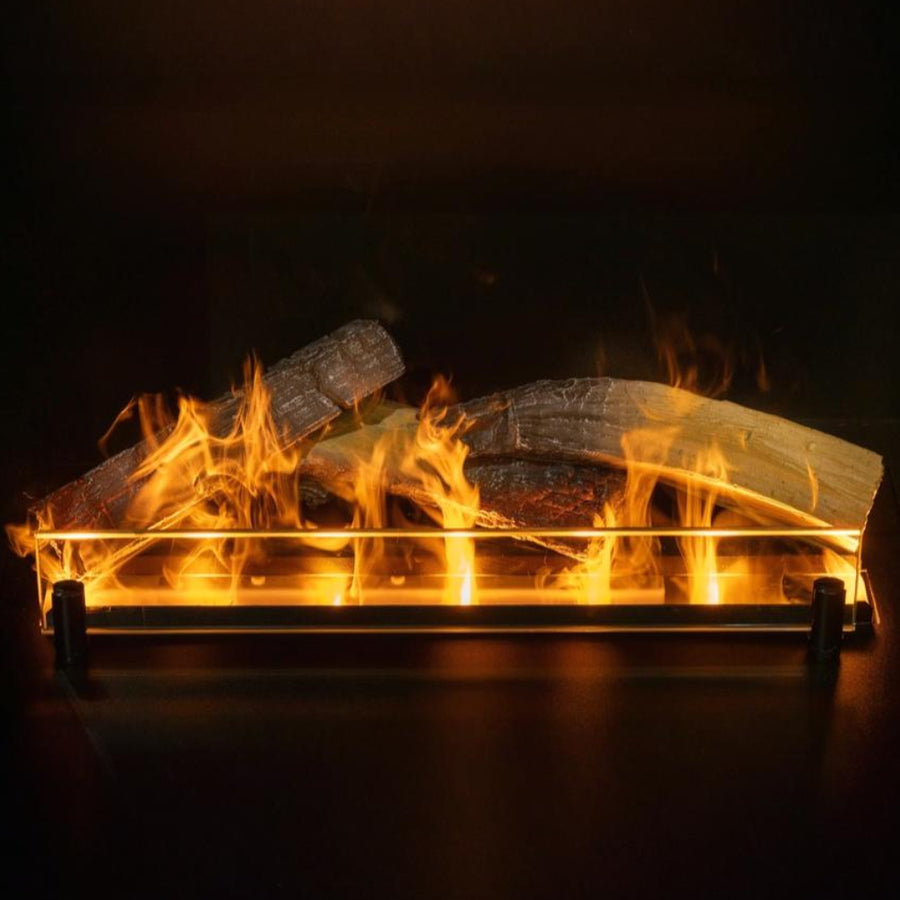 Artificial water vapour fireplace with burning logs and flames on a dark background available at Spacio retail stores in India. 