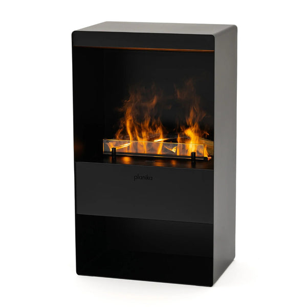 Modern black fireplace with artificial flames on a white background from Planika available at Spacio retail stores in India. 