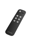 Black remote control with buttons on a white background for Planika artificial water vapour fireplace collection. 