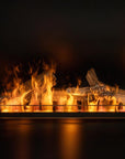 Fireplace with artificial water vapour flames and glass panes on a dark background