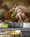 Classic fresco artwork depicting a mythological scene, handcrafted in Italy on plaster sheets with Carrara marble and Roman travertine powder for luxury interiors. Featured in front of a grey color sofa