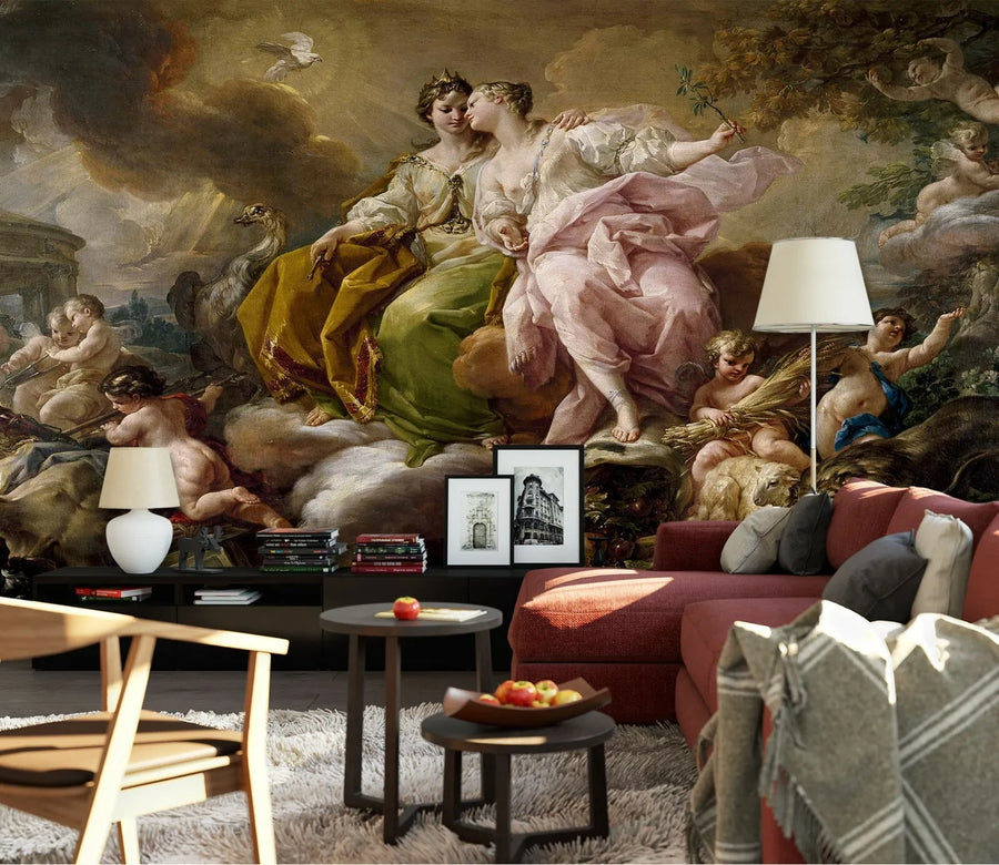 Classic fresco artwork depicting a mythological scene, handcrafted in Italy on plaster sheets with Carrara marble and Roman travertine powder for luxury interiors. Featured on a wall in a living room