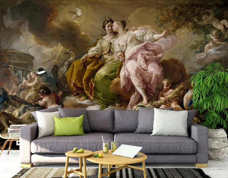 Classic fresco artwork depicting a mythological scene, handcrafted in Italy on plaster sheets with Carrara marble and Roman travertine powder for luxury interiors. Featured in front of a grey color sofa