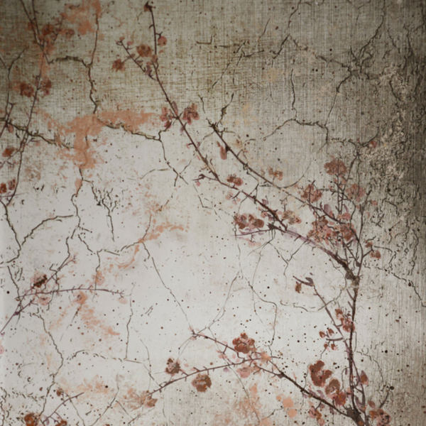 Decorative Alex Turco Mirror Metal Wisteria on a cracked wall, adding an artistic touch to interior design.