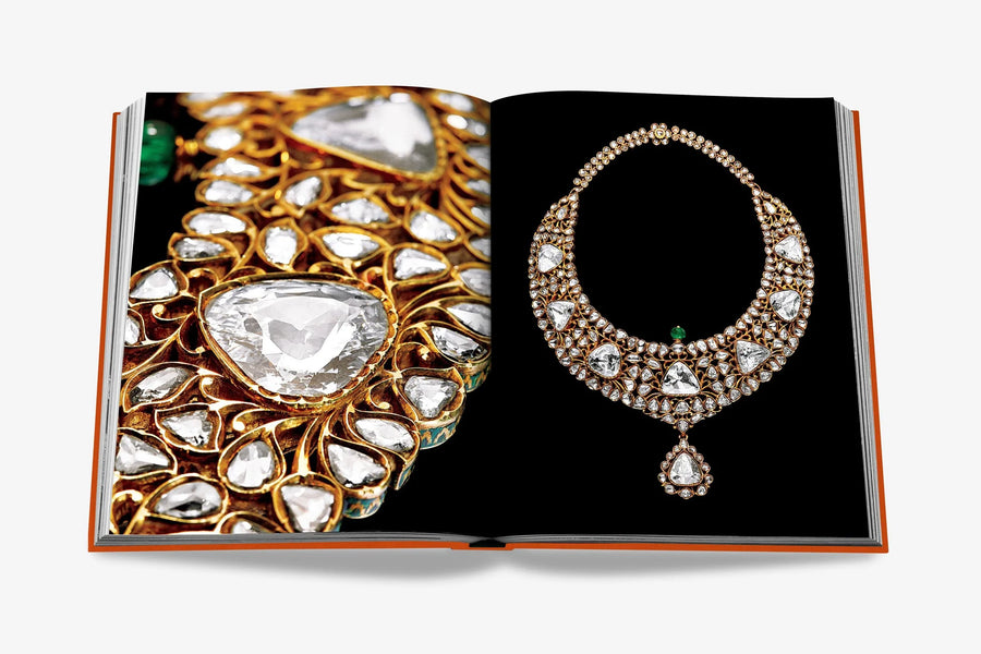 A necklace. Beyond Extravagance coffee table book by Assouline, featuring the Al Thani Collection of Indian royal jewels and artefacts, spanning 400 years of history.