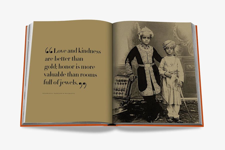 2 young Maharaj and text - Love and kindness are better than gold; honor is more valuable than rooms full of jewels. Beyond Extravagance coffee table book by Assouline, featuring the Al Thani Collection of Indian royal jewels and artefacts, spanning 400 years of history.