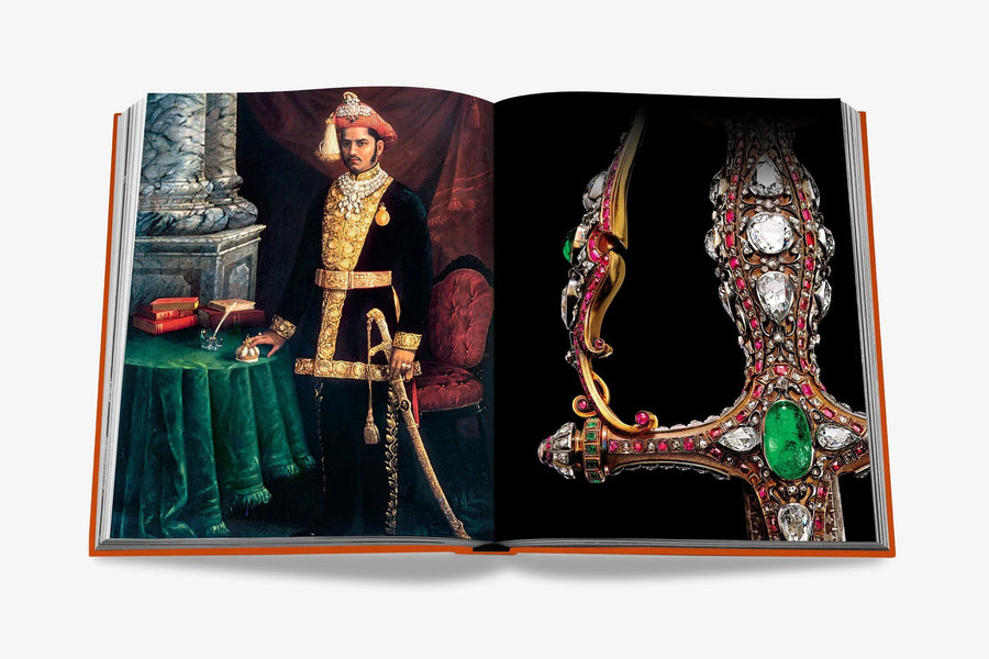 A young Maharaj portrait with a gilded sword and detailing of the sword cover. Beyond Extravagance coffee table book by Assouline, featuring the Al Thani Collection of Indian royal jewels and artefacts, spanning 400 years of history.