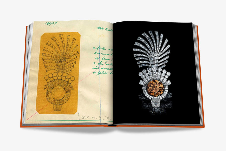 Sketch and detailing of a jewel. Beyond Extravagance coffee table book by Assouline, featuring the Al Thani Collection of Indian royal jewels and artefacts, spanning 400 years of history.