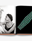 Green emerald jewellery and a princess in black and white with the jewellery. Beyond Extravagance coffee table book by Assouline, featuring the Al Thani Collection of Indian royal jewels and artefacts, spanning 400 years of history.