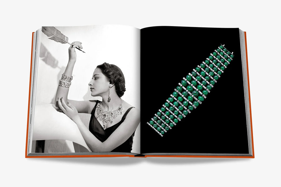 Green emerald jewellery and a princess in black and white with the jewellery. Beyond Extravagance coffee table book by Assouline, featuring the Al Thani Collection of Indian royal jewels and artefacts, spanning 400 years of history.