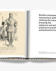 Burberry polar outfit elaborated with text. Burberry coffee table book by Assouline, celebrating 165 years of British style, iconic trench coats, and timeless luxury through stunning illustrations and stories.