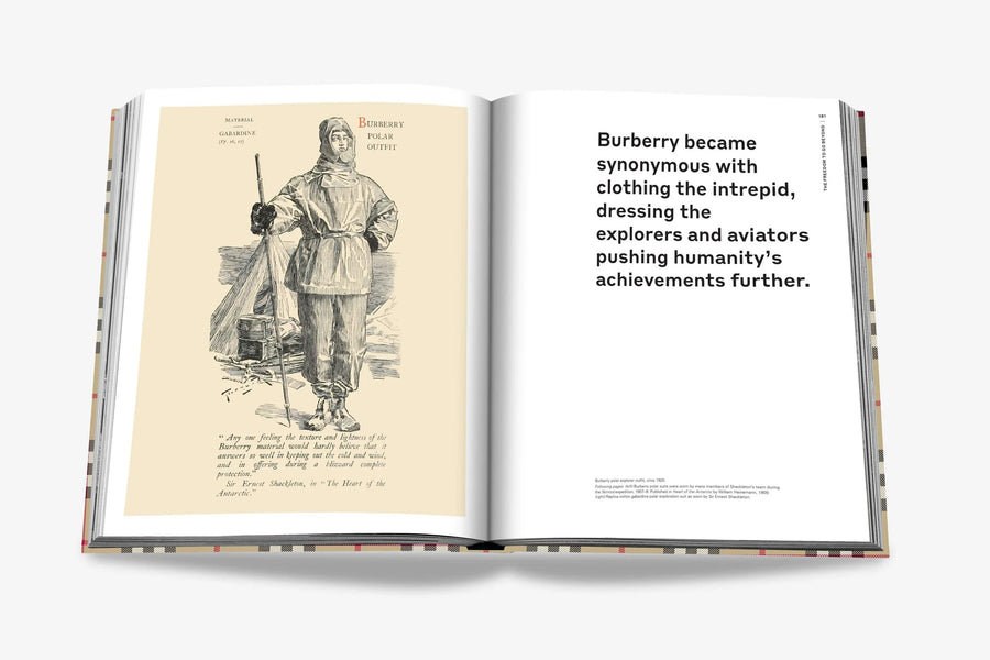 Burberry polar outfit elaborated with text. Burberry coffee table book by Assouline, celebrating 165 years of British style, iconic trench coats, and timeless luxury through stunning illustrations and stories.