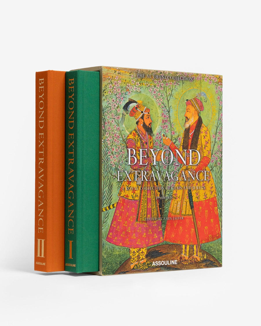 opened 2pc book pack. Beyond Extravagance coffee table book by Assouline, featuring the Al Thani Collection of Indian royal jewels and artefacts, spanning 400 years of history.