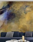 A handcrafted Italian fresco mural featuring abstract art with delicate textures and emotive hues, made with Carrara marble and Roman travertine powders. Featured on a wall of a modern luxury theme living room