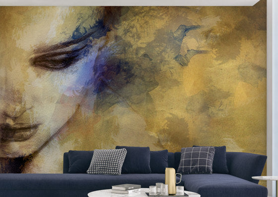 A handcrafted Italian fresco mural featuring abstract art with delicate textures and emotive hues, made with Carrara marble and Roman travertine powders. Featured on a wall of a modern luxury theme living room