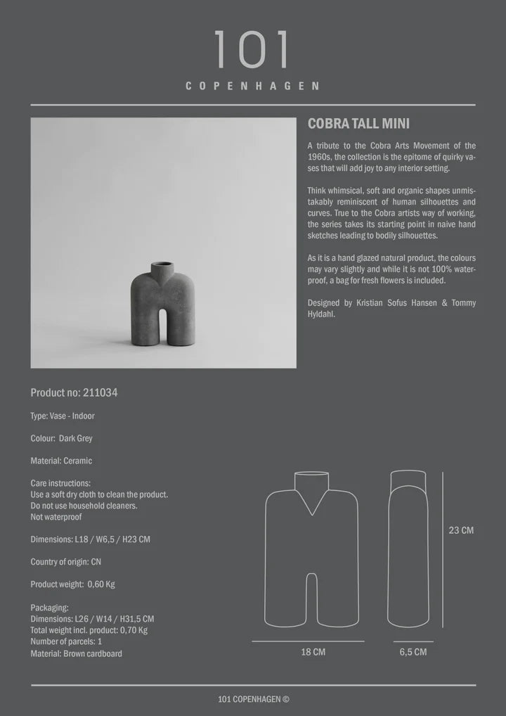 A flyer featuring a picture of a Dark Grey Cobra Tall Mini vase from 101 Copenhagen, named the 101Cph Cobra Tall Mini Dark Grey 211034.