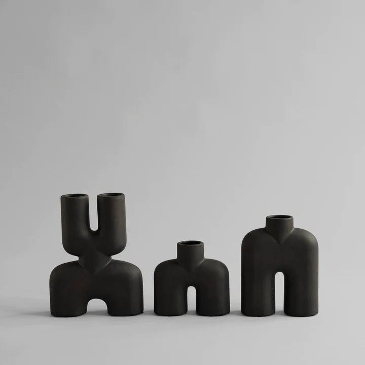 Three black 101Cph Cobra Double Mini Coffee 212002 vases on a grey background.