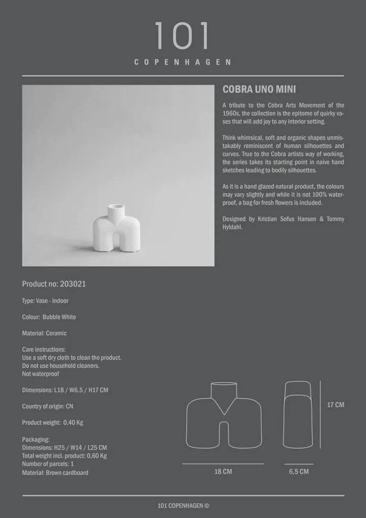 A 101Cph Cobra Uno Mini Bubble White 203021 vase with the 101 Copenhagen brand on it.