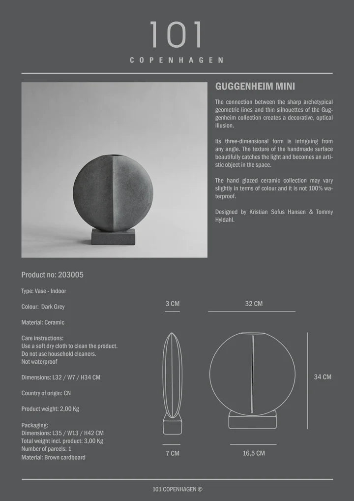 A concrete sculpture showcasing the dimensions of a 101Cph Guggenheim Mini Dark Grey 203005 by 101 Copenhagen-inspired piece in a dark grey color.